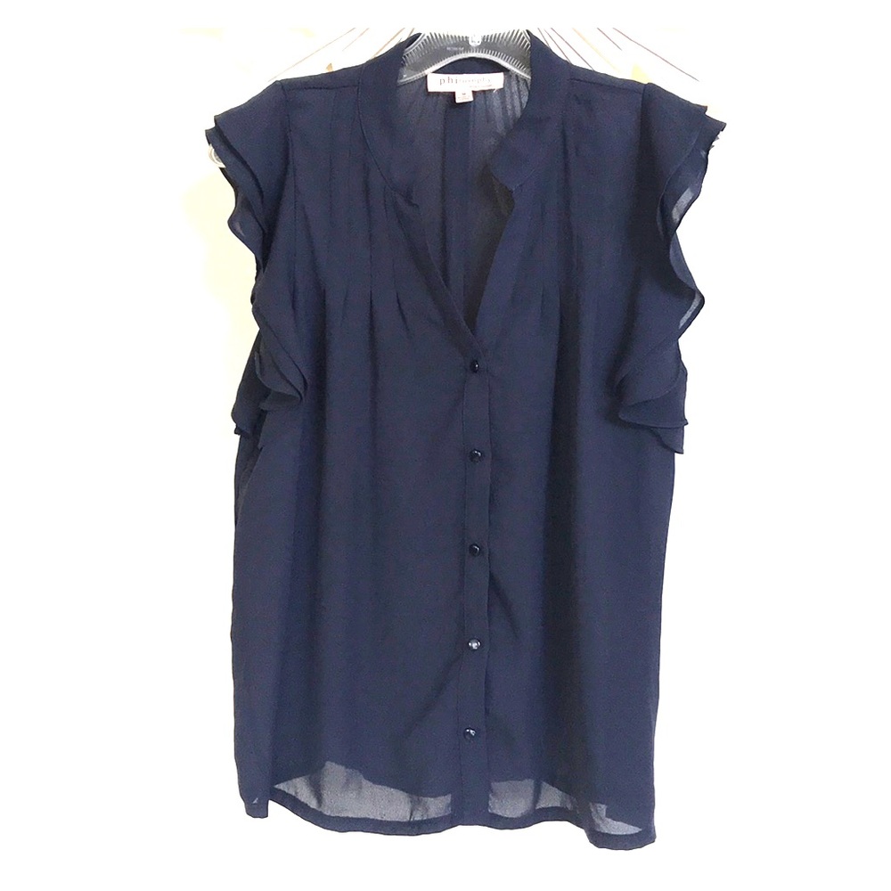 Philosophy Navy Ruffle Sleeveless Sheer Blouse M